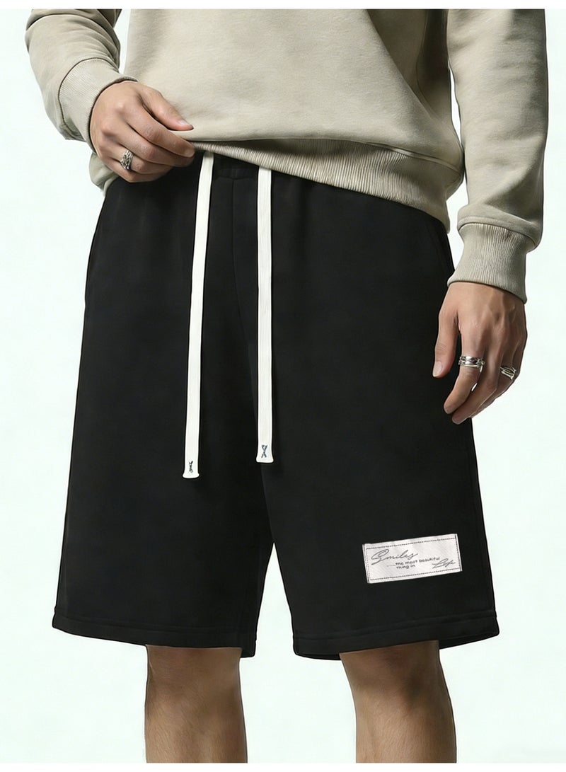 Men's Black Casual Sweatshorts Elastic Waist Drawstring Half Pants with Woven Patch - Image 3